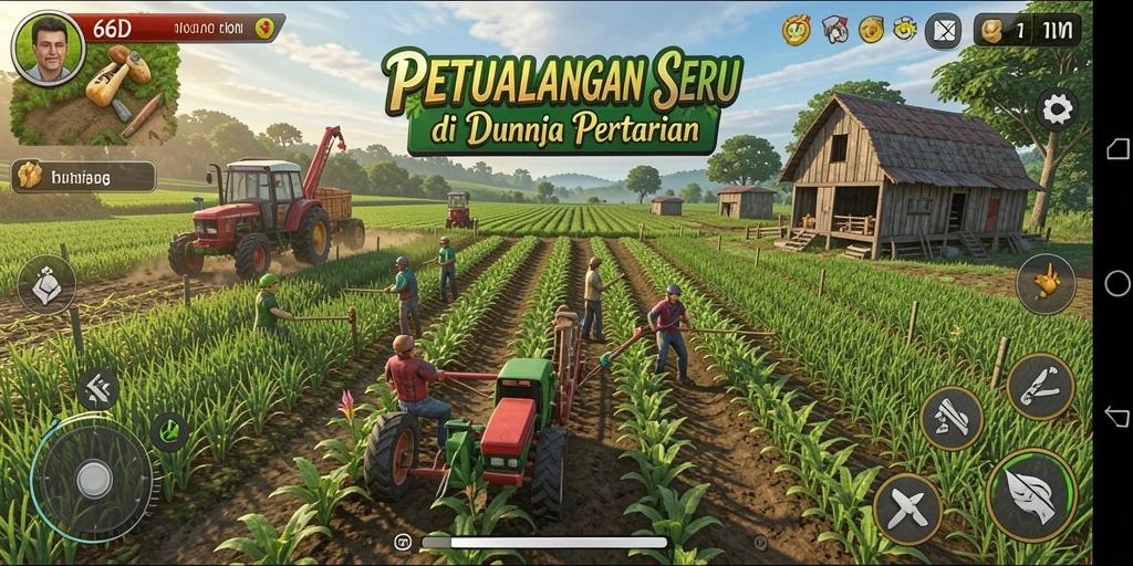 Screenshot gameplay 66D yang menunjukkan pertanian yang subur dan kegiatan panen.