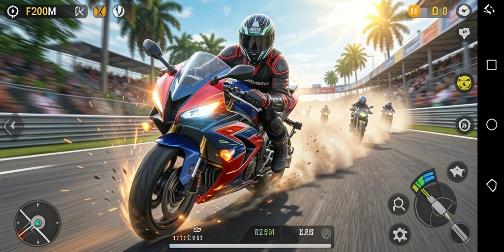 Gameplay F200M yang menampilkan balapan motor yang seru dan intens.