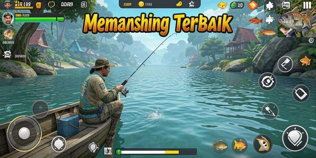 Tampilan gameplay <strong>IDR89</strong> saat menangkap ikan di danau yang indah.