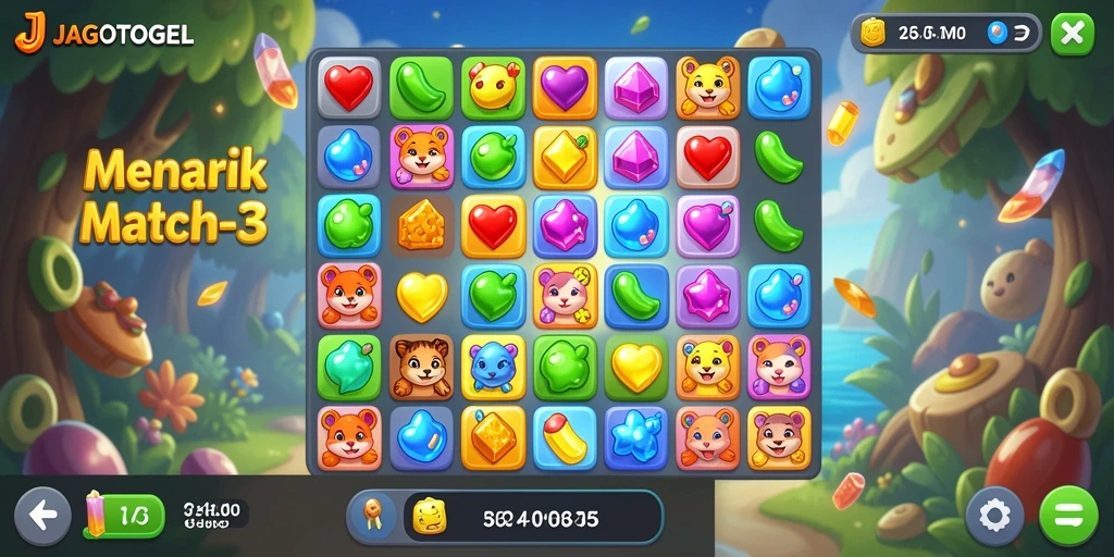 Tampilan gameplay seru dari JAGOTOGEL dengan elemen Match-3 yang berwarna-warni.