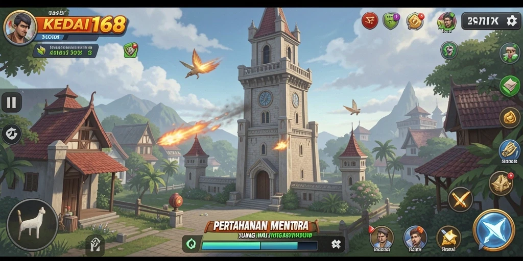 Screenshot permainan KEDAI168 menampilkan strategi menara yang menakjubkan.