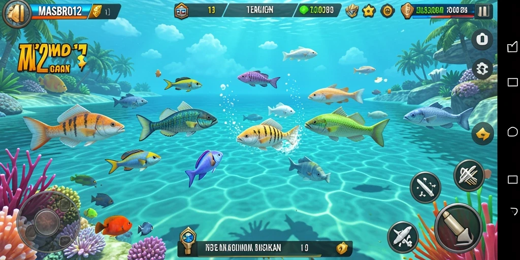 Tampilan gameplay seru di MASBRO12 dengan berbagai ikan dan senjata.