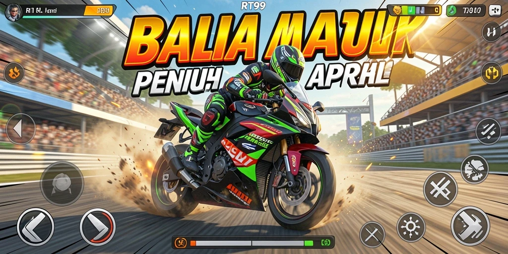 Tampilan gameplay seru dalam RT99 yang menampilkan balapan motor.