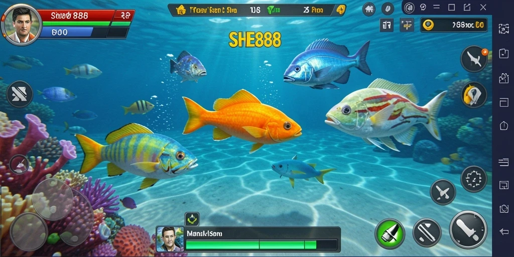 Tampilan gameplay seru dari SHE888 saat menembak ikan.