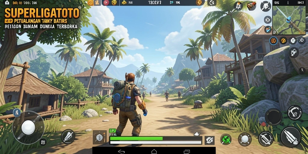 Screenshot gameplay SUPERLIGATOTO yang menunjukkan dunia terbuka yang luas.