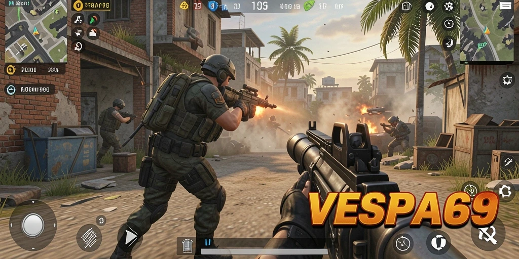 Screenshot VESPA69 menampilkan pertempuran intens dalam game FPS.