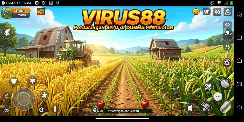 Screenshot gameplay VIRUS88 menampilkan pemandangan ladang hijau yang subur.